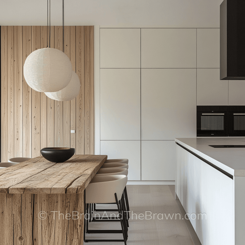 A modern kitchen with white cabinetry and a wood vertical paneling on the wall