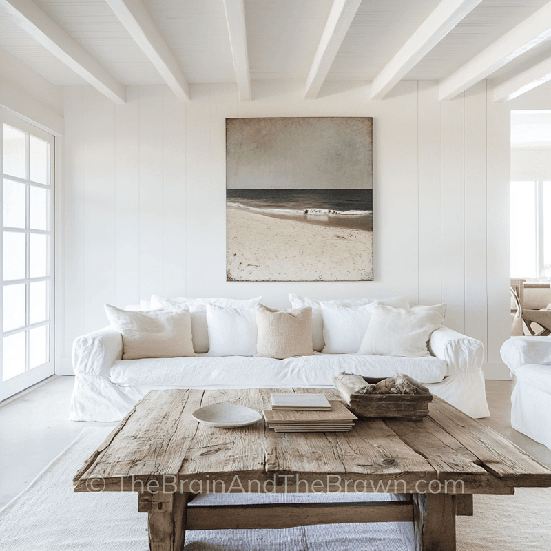 Vertical shiplap wall panelling idea in a living room with a large peice of artwork hanging on the wall above the sofa