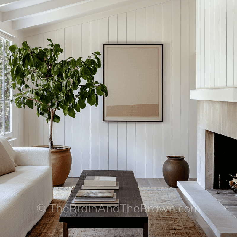 Living room with a white wood paneling idea of vertical shiplap on the walls and a peice of artwork hanging on it