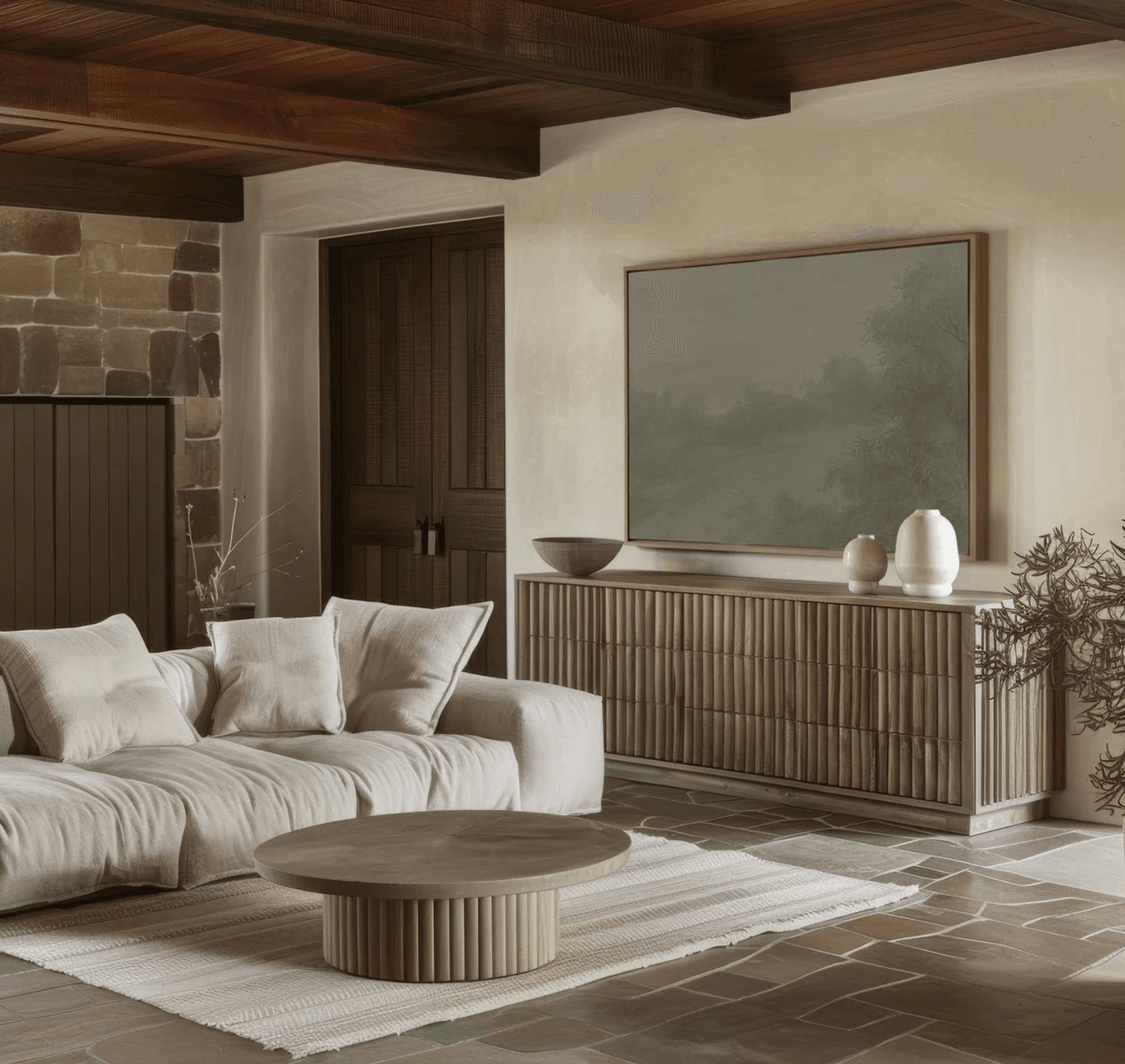 Large wall art idea in living room over a large wooden credenza