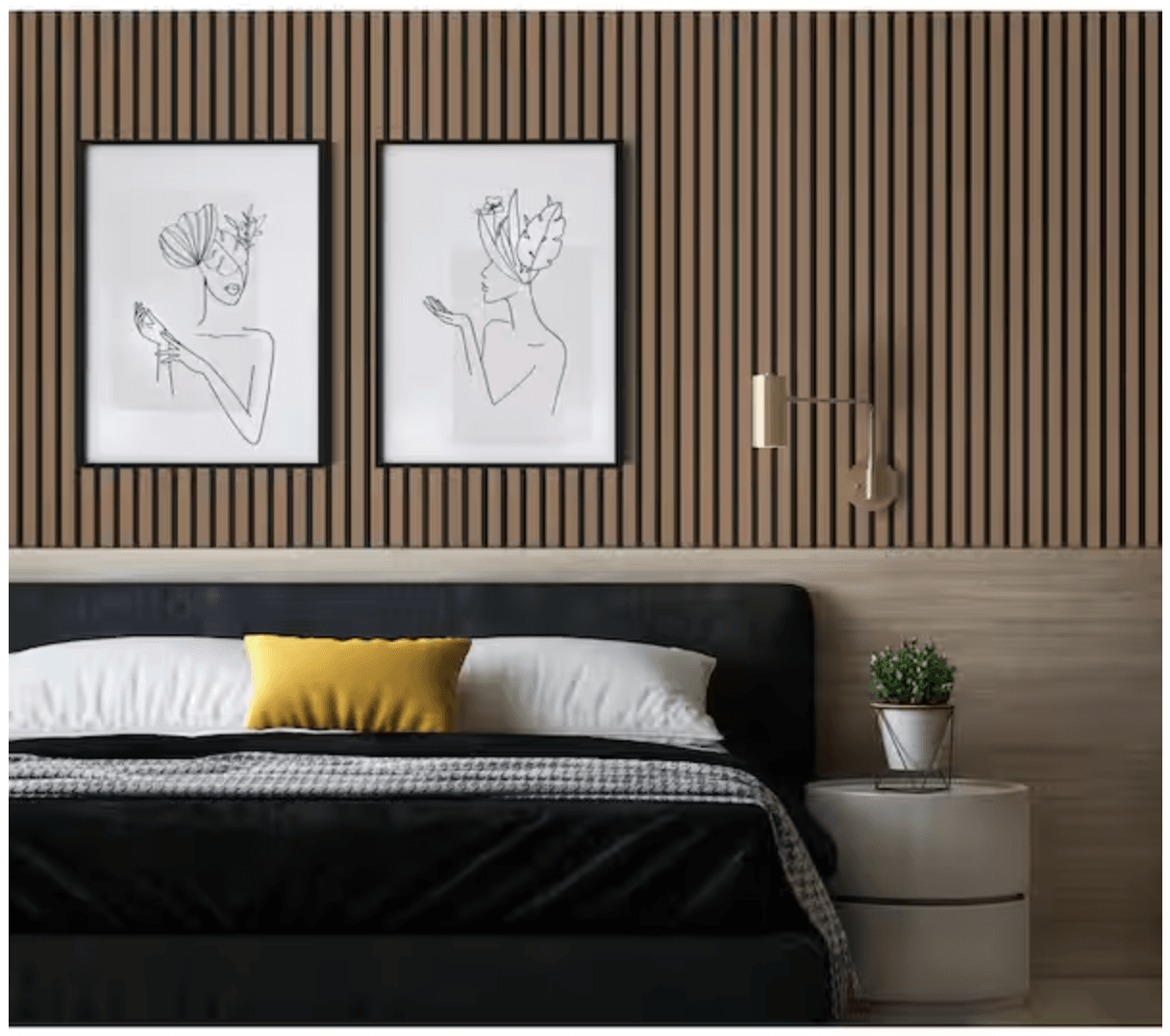 Wood wall paneling idea for bedroom with vertical wood paneling on top and premade horizontal wood panelling on the bottom half. A bed is in front of the paneling and two pieces of artwork and a wall sconce hang on the wood paneling