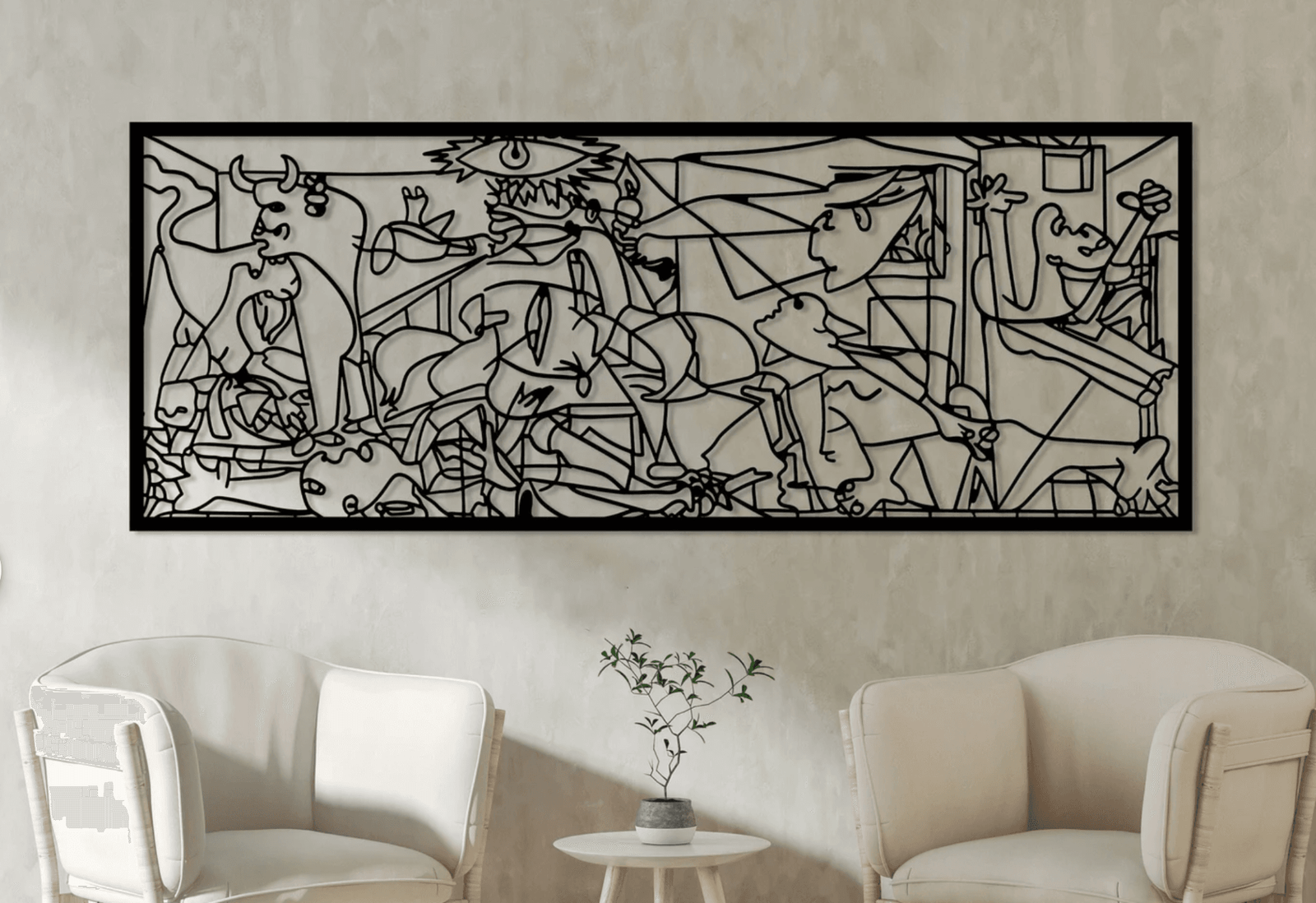 Wall art design idea with a large piece of metal artwork hanging on the wall with two white chairs below it