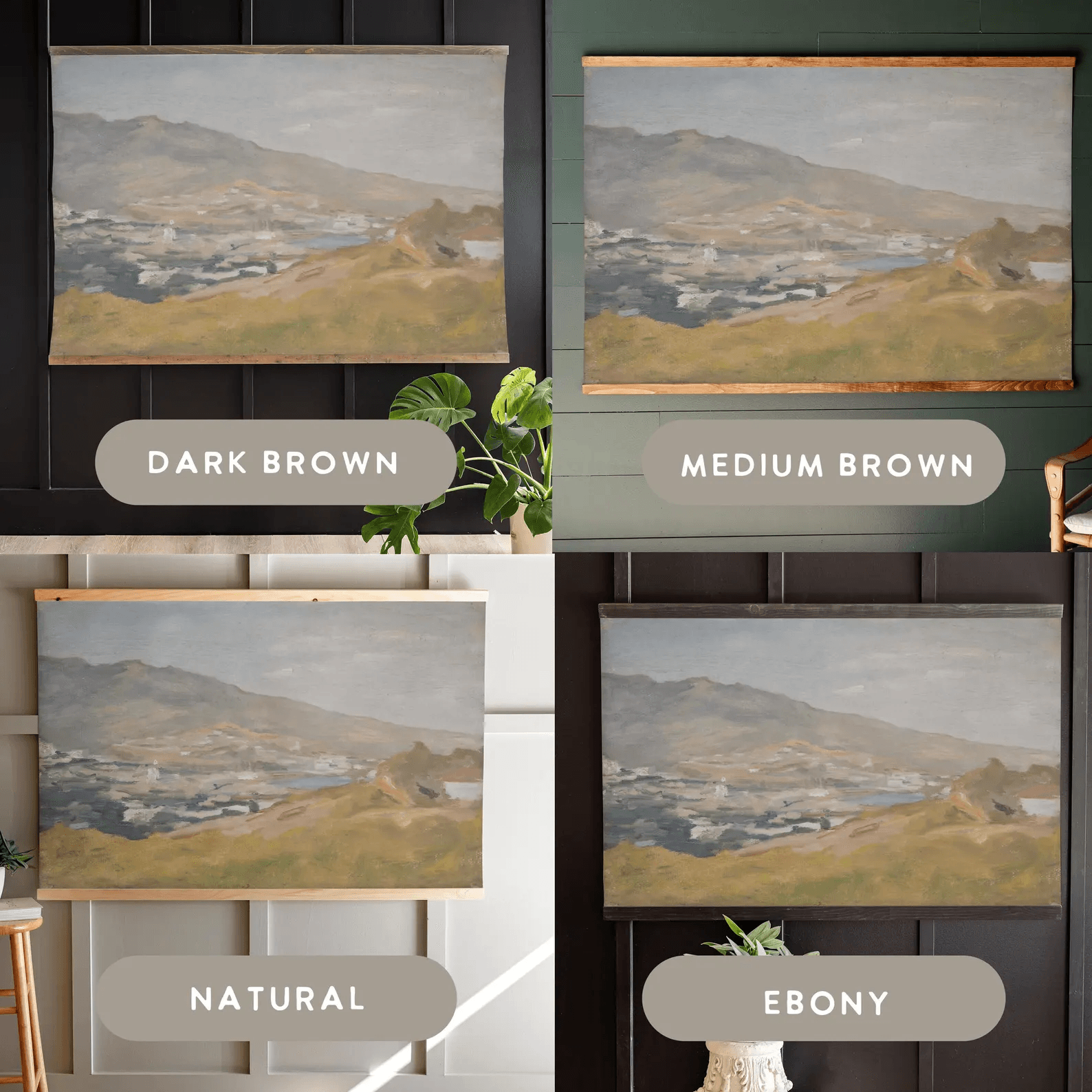 Extra large landscape painting tapestry shown with four different frame colors and on four different wall colors