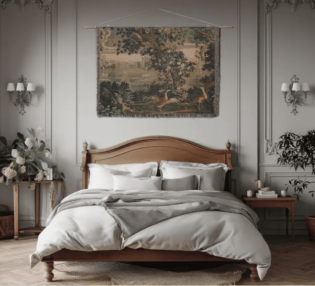 Bedroom with a large tapestry hanging above the bed makes for a unique wall decor idea