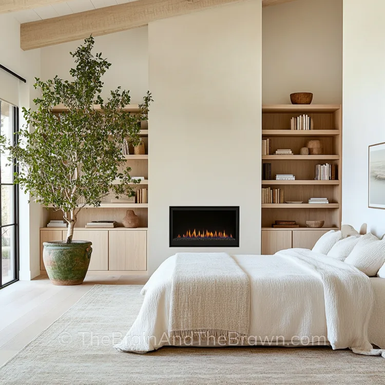 modern fireplace accent wall idea with electric fireplace in bedroom with wooden built-ins on either side