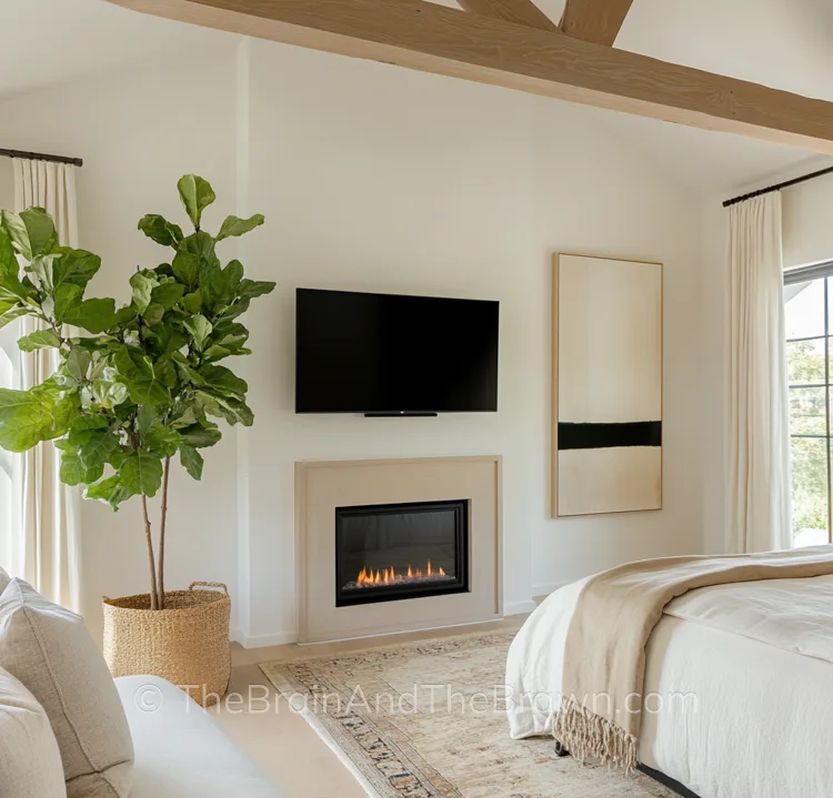 A bedroom wall fireplace idea with tv mounted above it