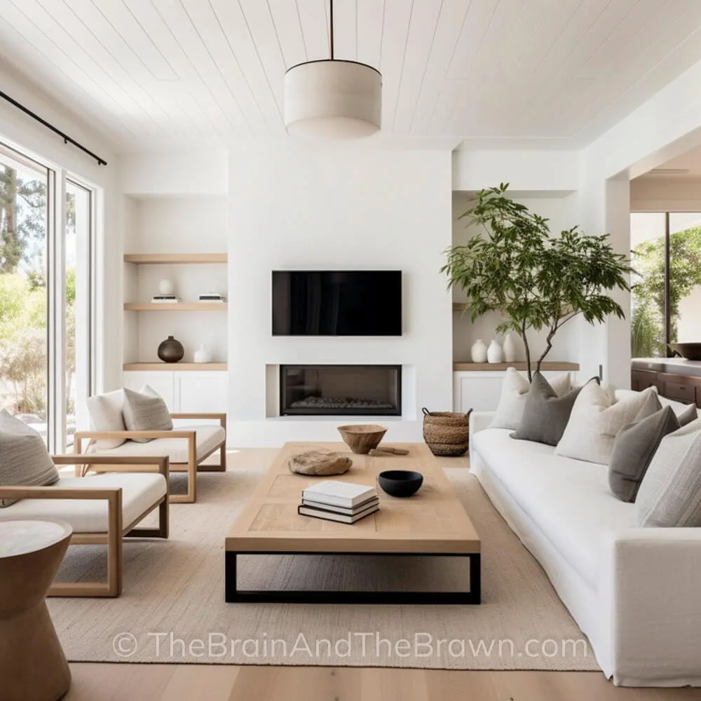 Spacious family room with electric fireplace wall idea and built in cabinetry with bookshelves on either side of the fireplace