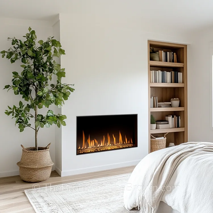 Master bedroom with electric fireplace with a built in wooden bookshelf to one side