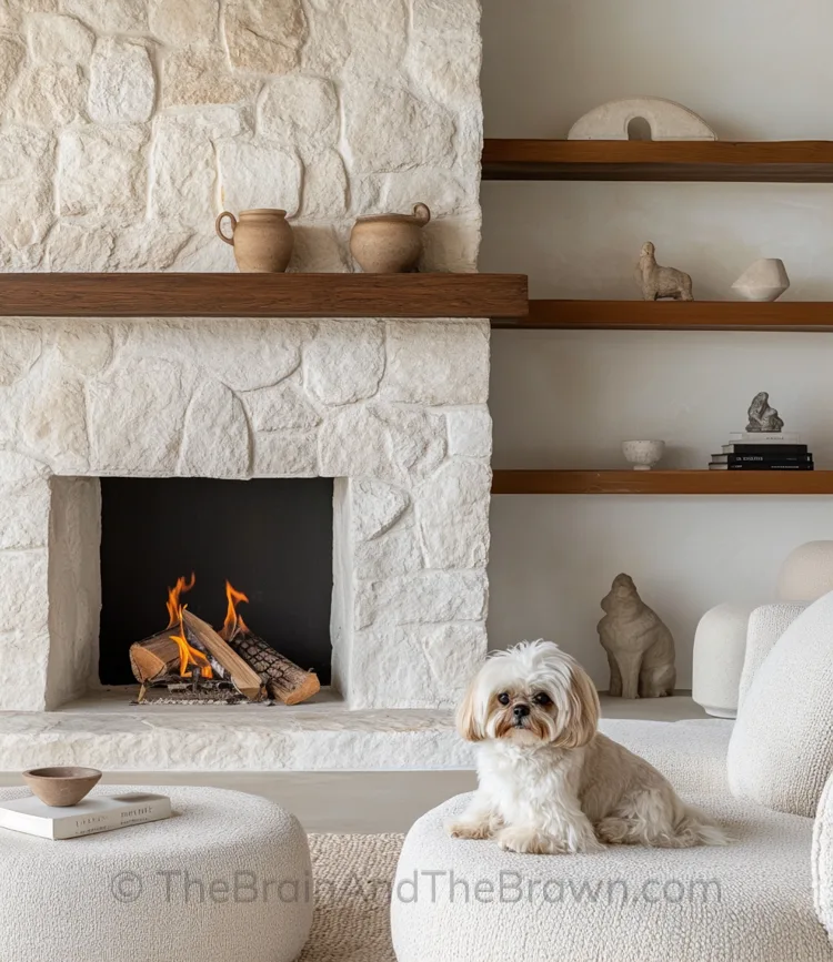 A stone fireplace wall idea with a wooden mantel and matching wooden shelves to the right of the fireplace