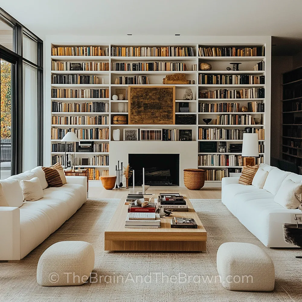 A unique fireplace with bookshelves built in on either side of the fireplace as well as bookshelves built above the fireplace