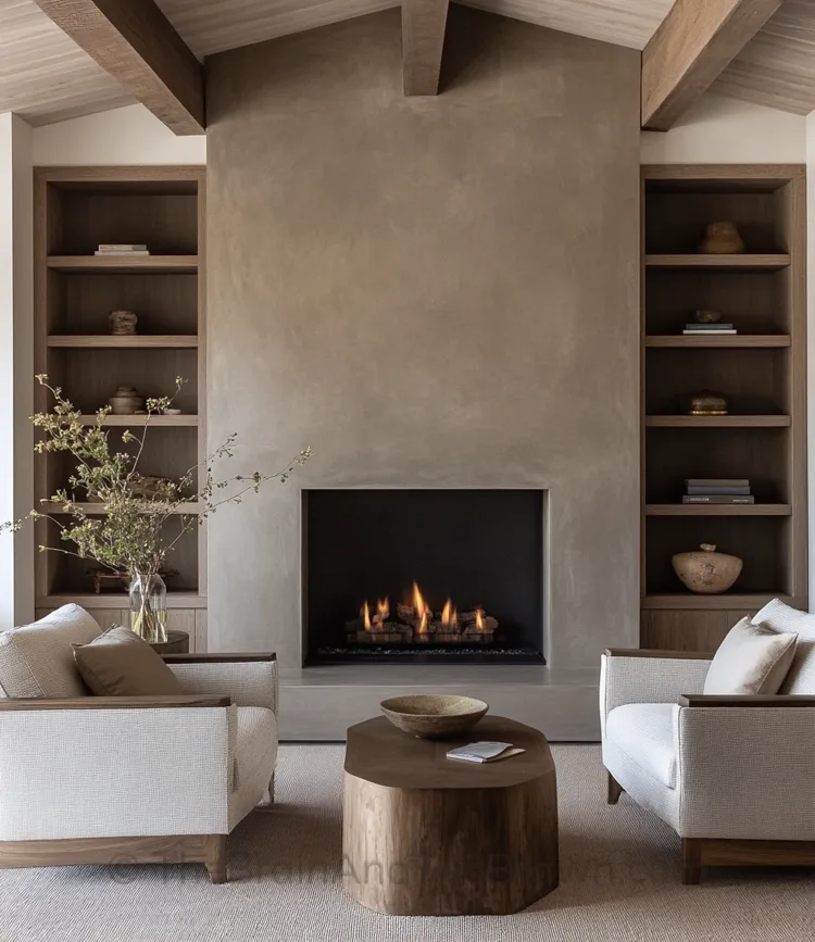 Modern fireplace accent wall idea with a cement fireplace and built-in wooden bookshelves on either side of the fireplace
