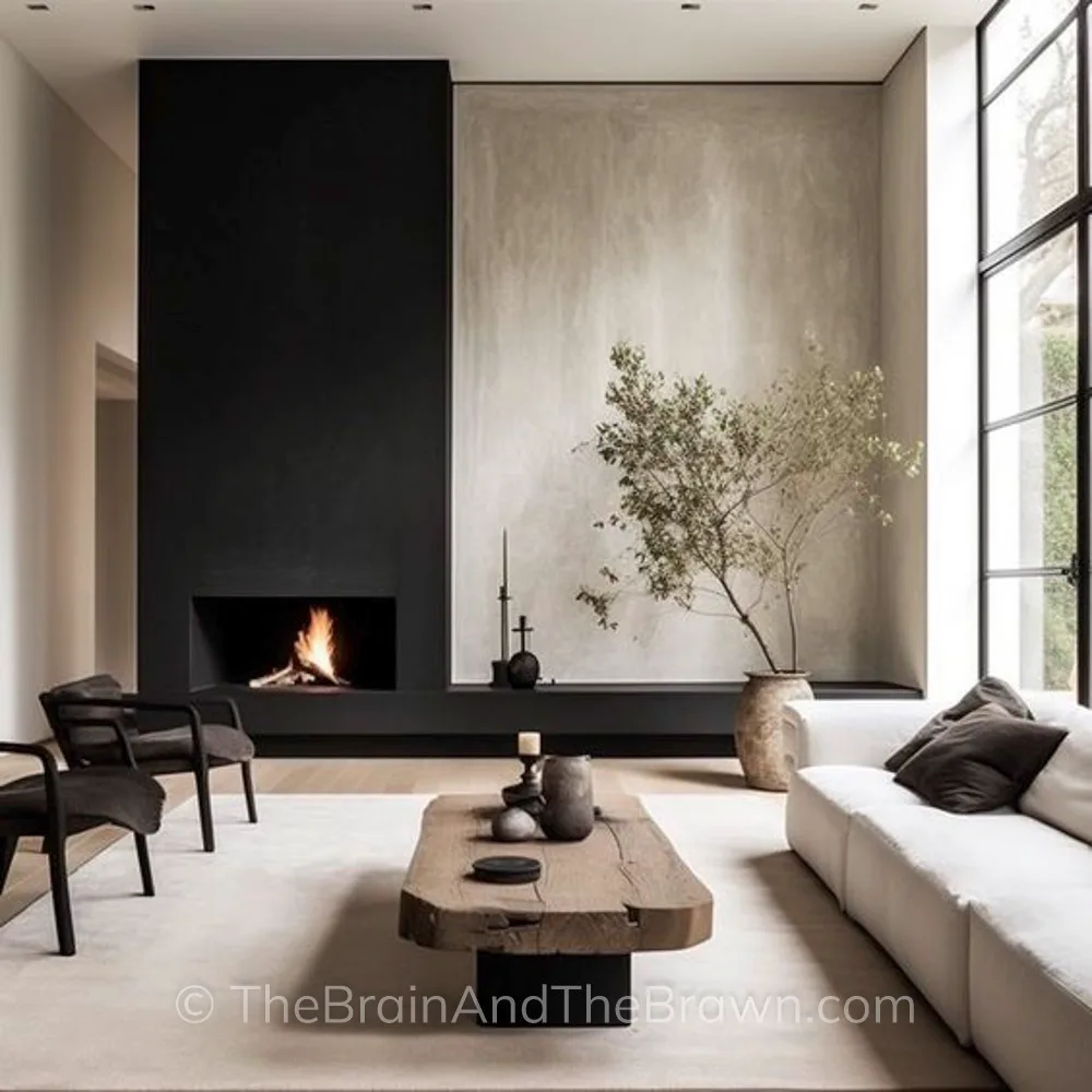 modern fireplace wall idea with an asymmetrical black fireplace in living room