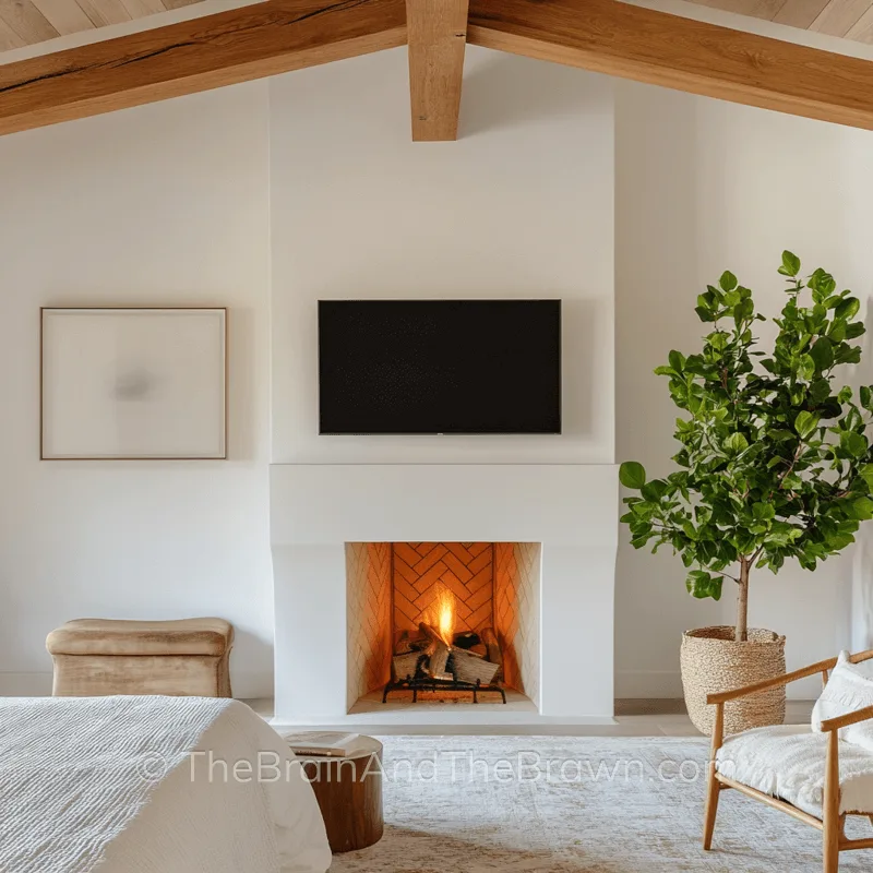 Master bedroom with high ceiling fireplace wall idea and a tv mounted above the fireplace