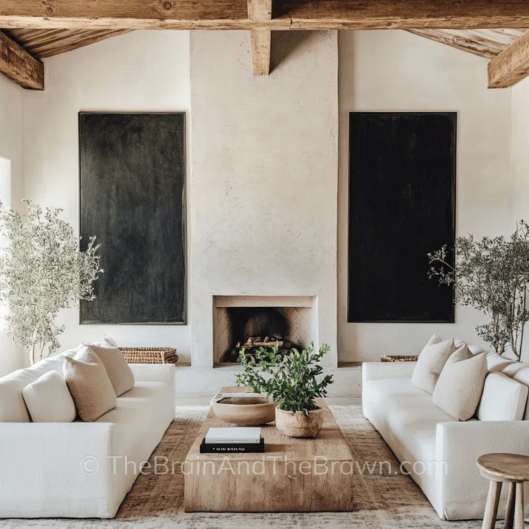 Modern fireplace in a living room with two large pieces of artwork on either side of the fireplace