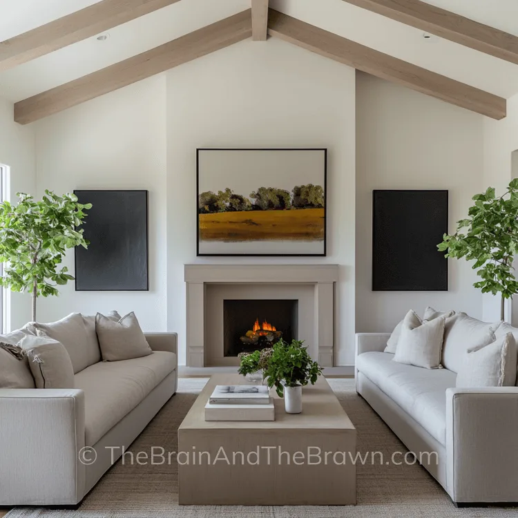 Family room with a fireplace with a large piece of artwork hanging above the fireplace