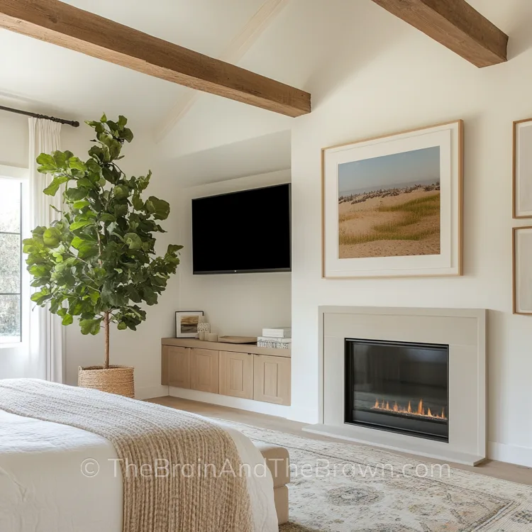 A bedroom with an electric fireplace and a built in cabinet to the left of the fireplace