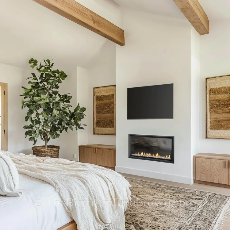 Electric fireplace wall idea in bedroom with a tv mounted above it and built in cabinets on each side of the fireplace