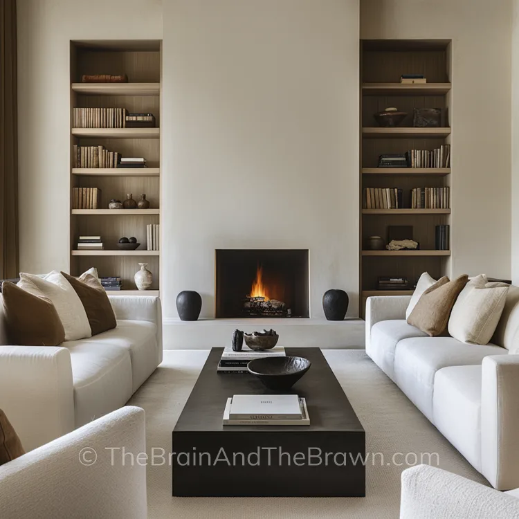Living room fireplace wall idea with built-in bookshelves on either side of the fireplace