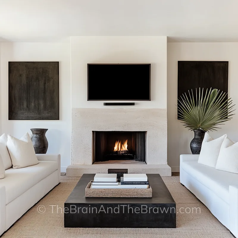 modern fireplace and tv wall idea in a living room with black artwork hanging on each side of the fireplace