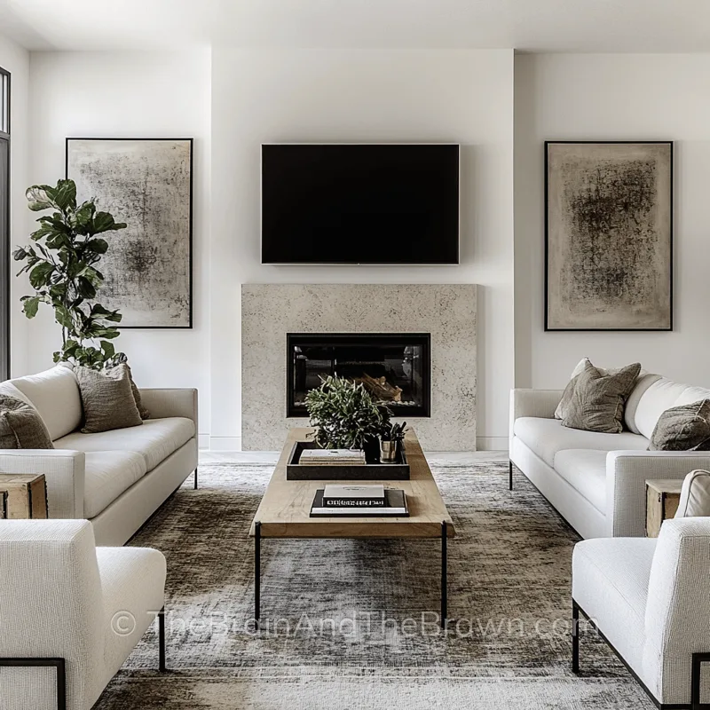 Modern electric fireplace wall idea with a stone slab fireplace and two large pieces of artwork on each side of the fireplace
