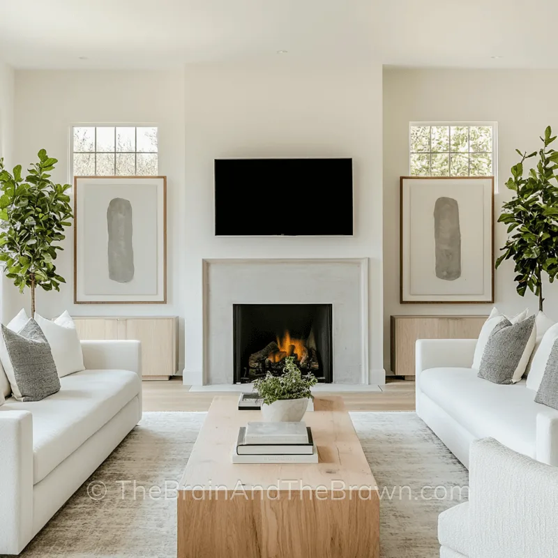 A living room with a stone fireplace with a tv mounted above it