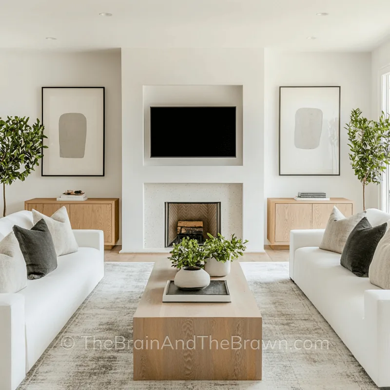 Living room with a fireplace wall idea with tv above it and wooden cabinets on either side of the fireplace