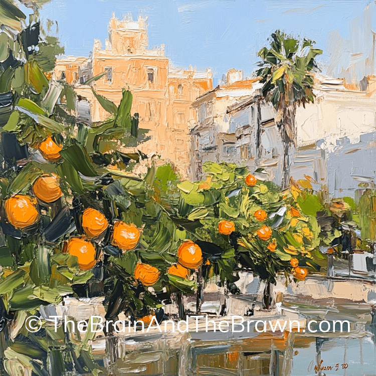 Spanish wall decor with citrus trees and buildings 