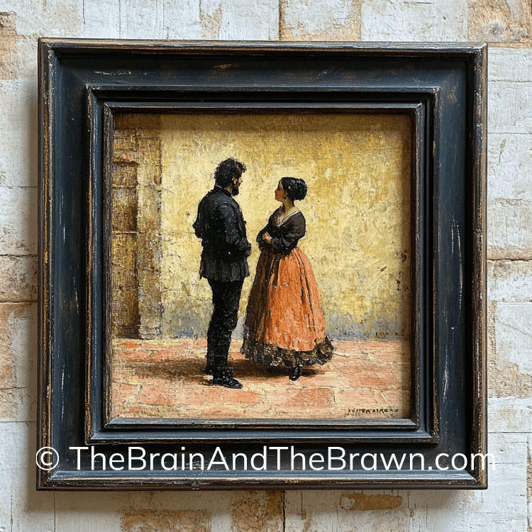 A vintage spanish wall art painting of a man and woman