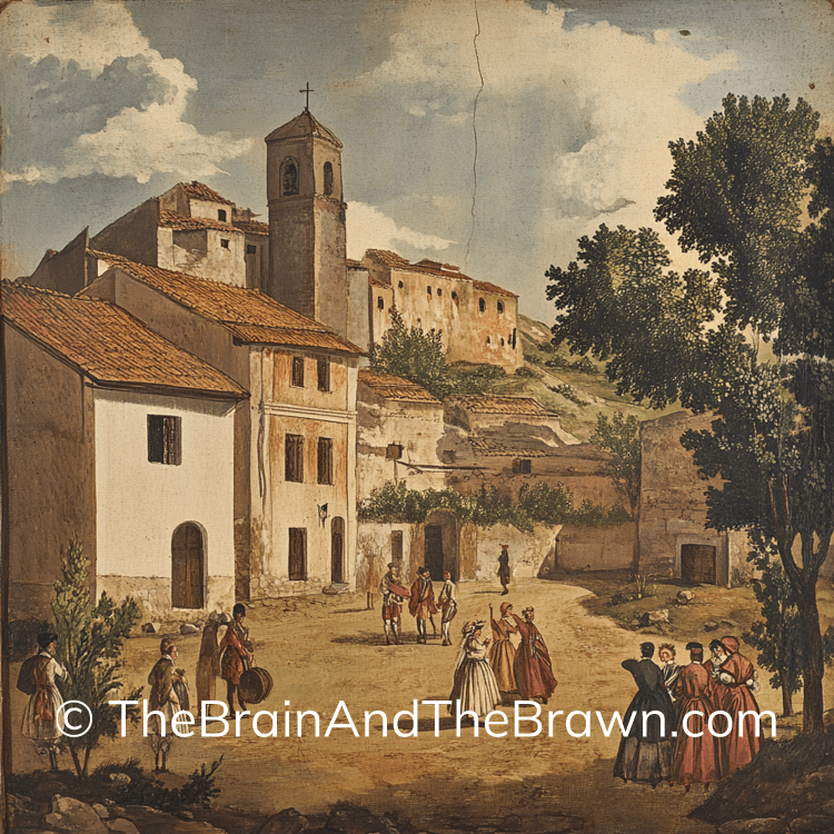 Spanish revival style artwork of a village with people