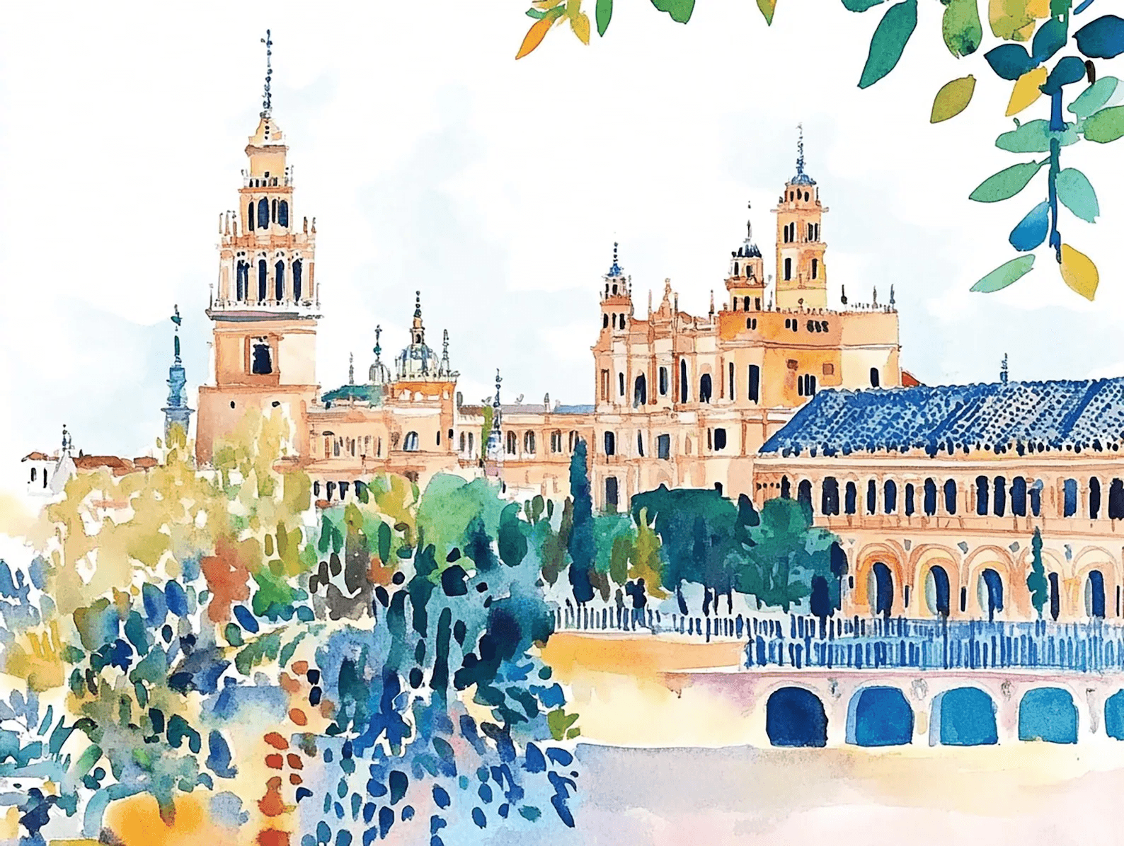 Watercolor artwork of a Spanish city