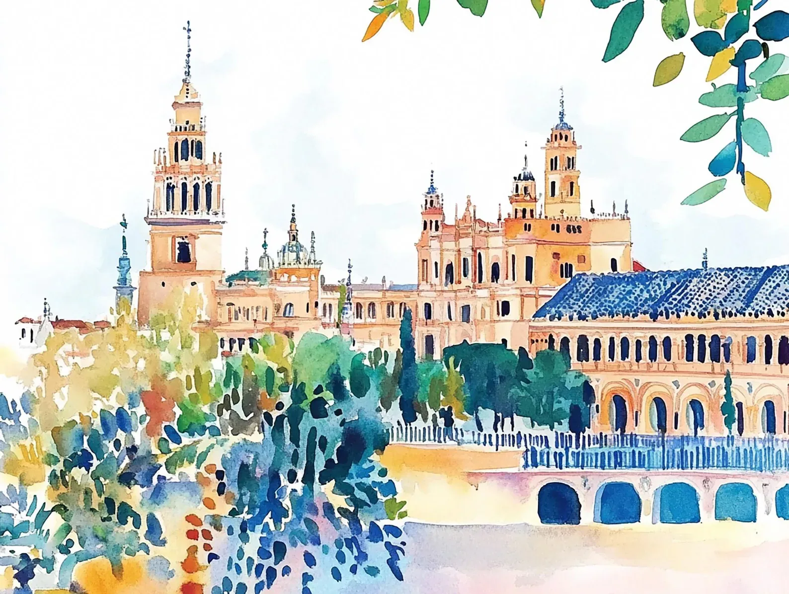 Watercolor artwork of a Spanish city