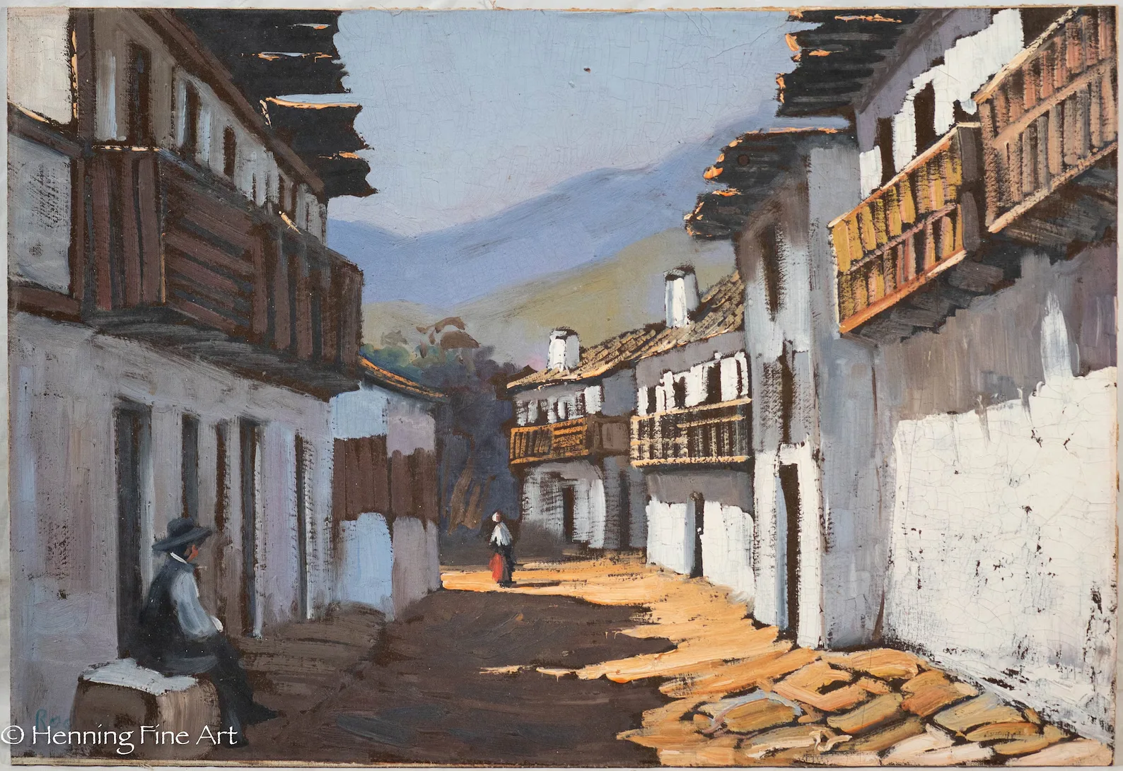Painting of an old Spanish village with dirt roads and white buildings