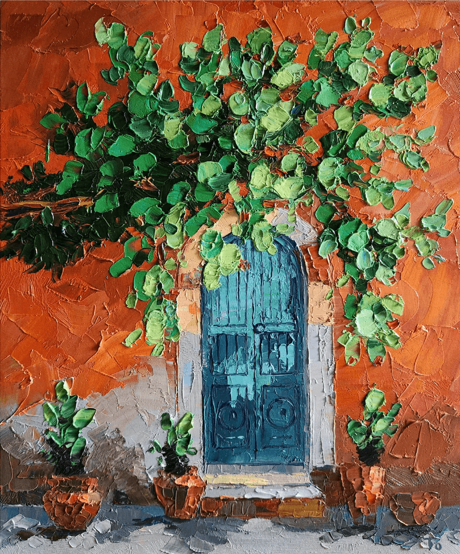 An original spanish painting of a blue arched door with vines growing above it 