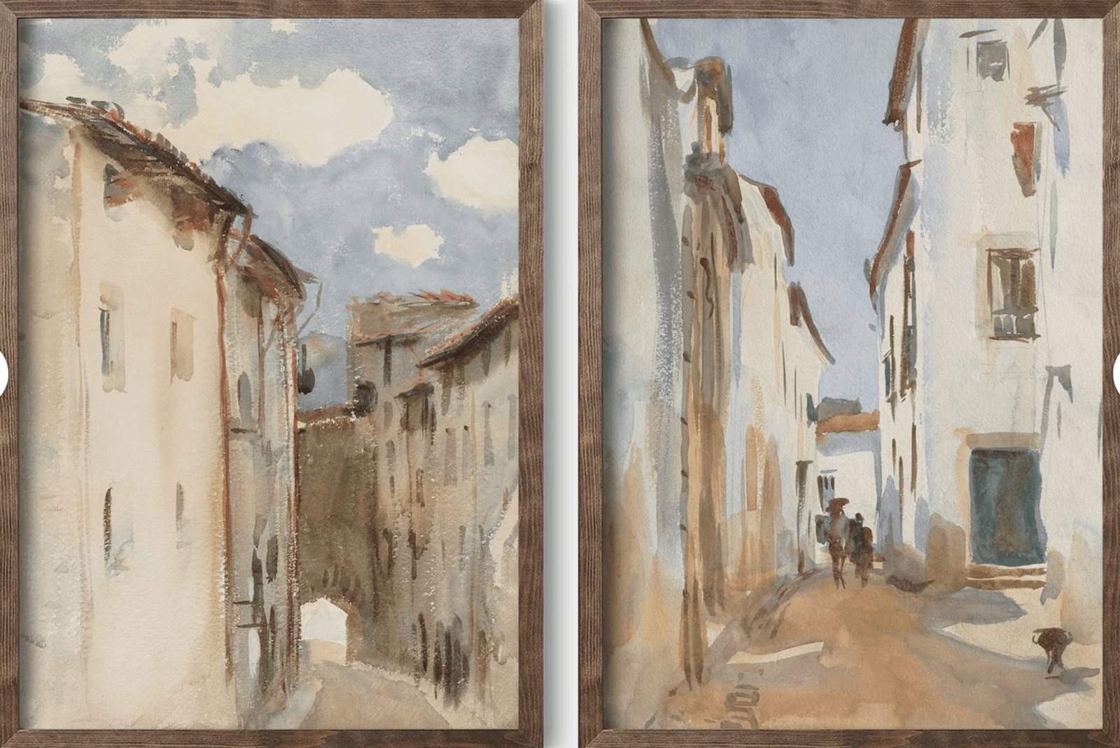 Two coordinating paintings of buildings 