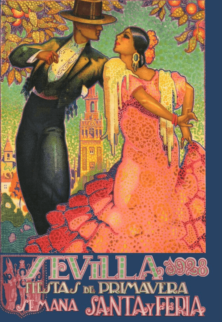 Vintage Spanish wall art of a travel poster of Sevilla with a man and a woman