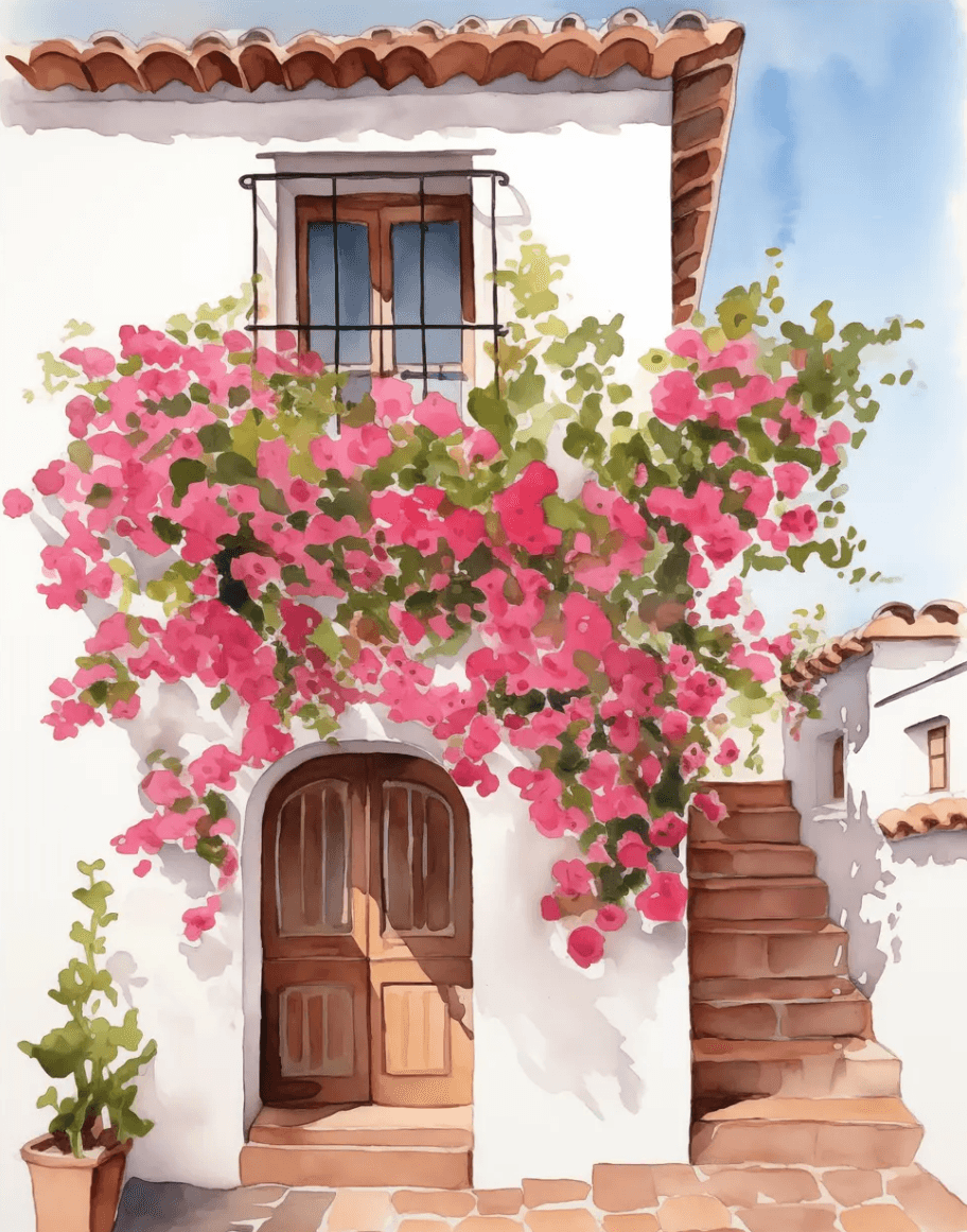 Spanish house wall art with a set of wooden arched doors and bougainvillea hanging above the door 