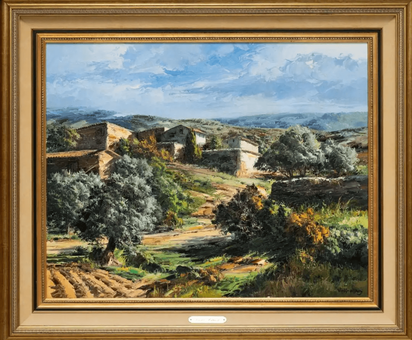 A painting of the Spanish landscape with a house on it