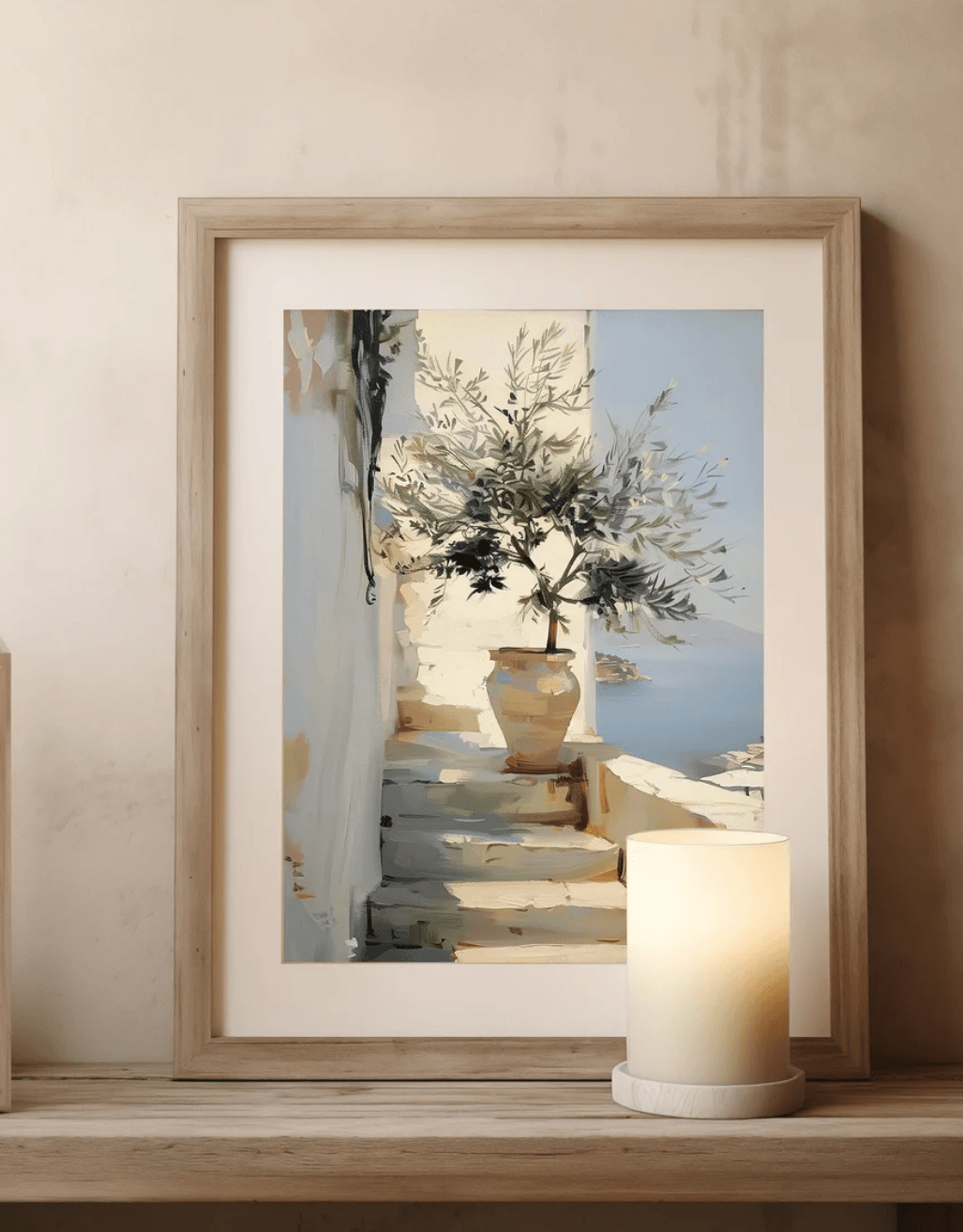 Mediterranean olive tree on an outdoor staircase overlooking the ocean