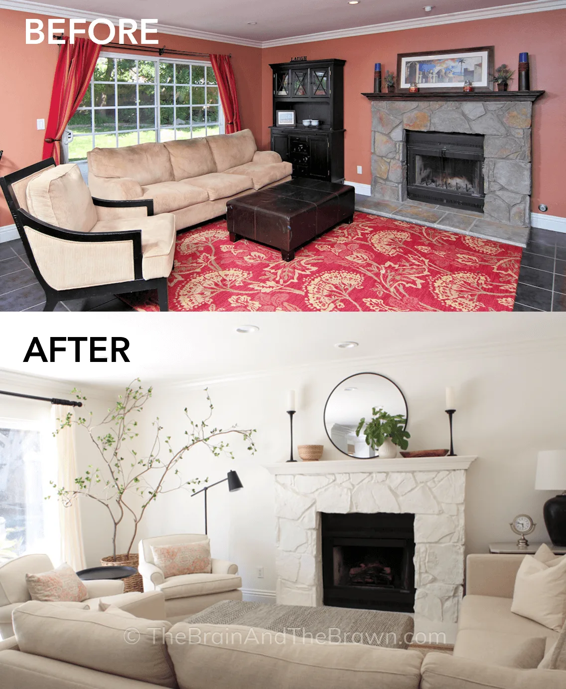 Before and after of a living room with fireplace
