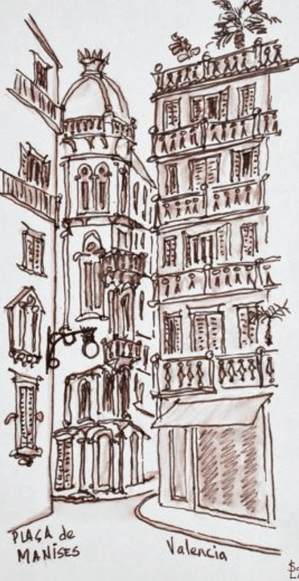 Spanish drawing of buildings in a town