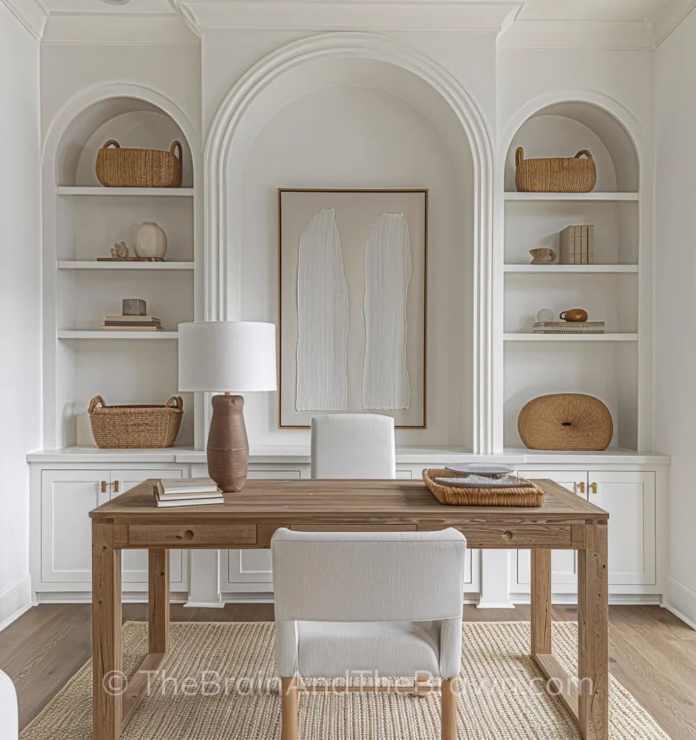 white coastal or beach style home office with wood accents
