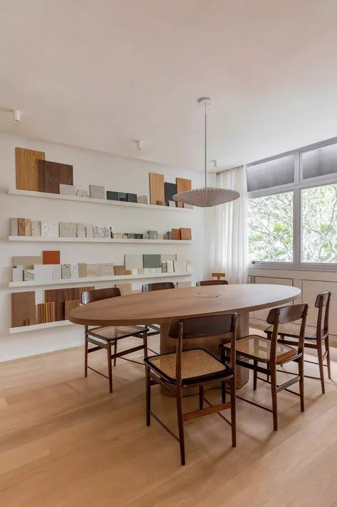 warm organic wood home office with wall display shelves floating