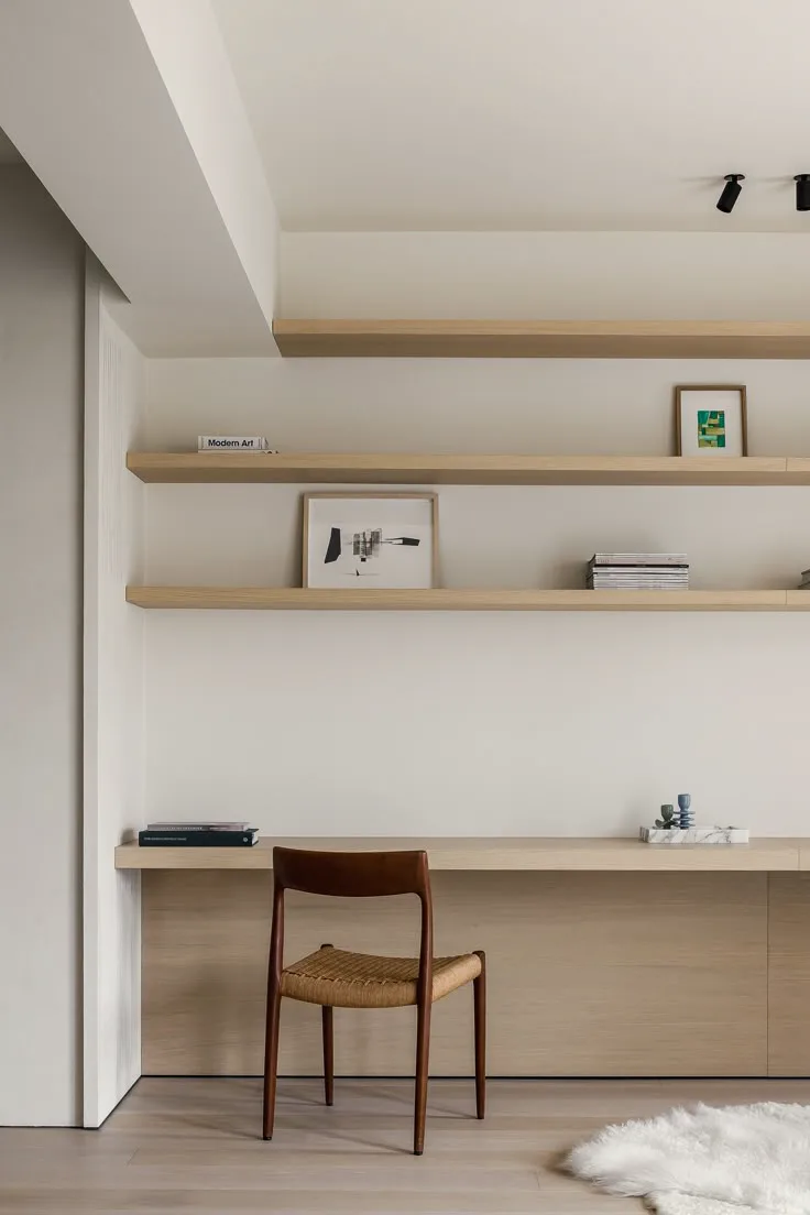 minimalist home office design with open shelves
