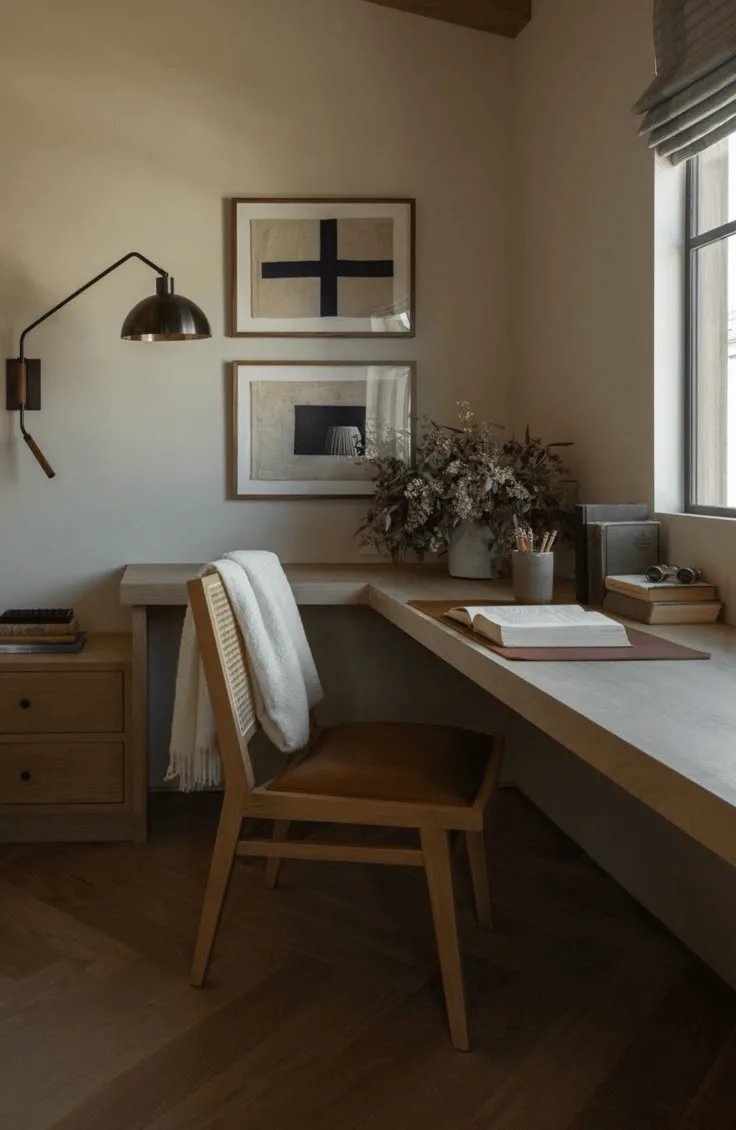 calm home office design idea with light and artwork