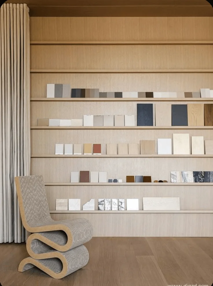 display wall with shelves in a home office 