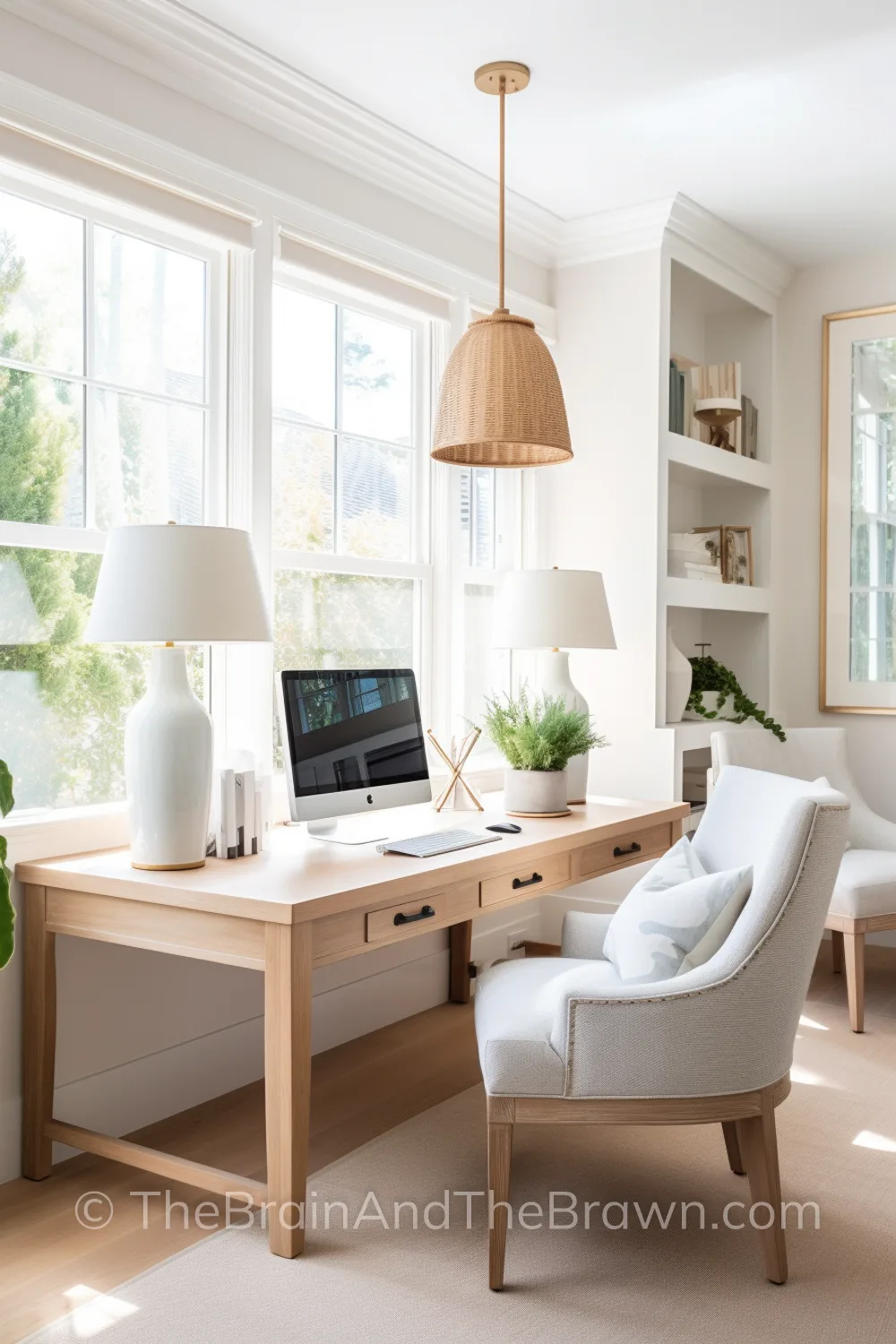 a neutral style home office with one wood desk, a soft chair, and desk lamps as well as a woven pendant
