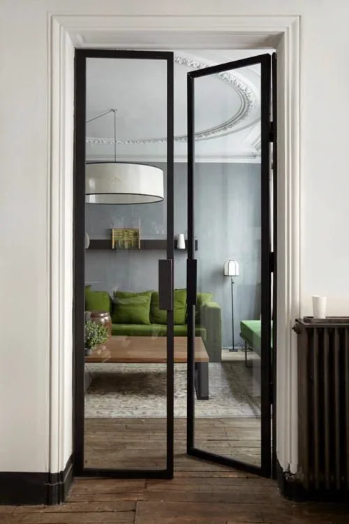 modern black home office doors in white house, glass doors