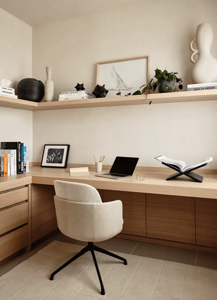 home workspace with organic wood desk and shelves