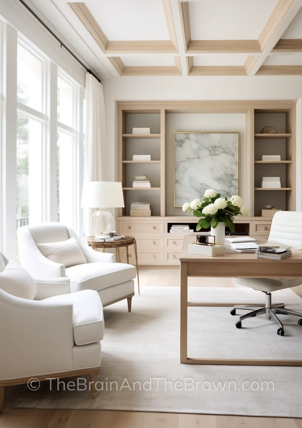 a luxury home office design with bookshelves, armchairs and a modern desk in neutrals and whites and woods and creams