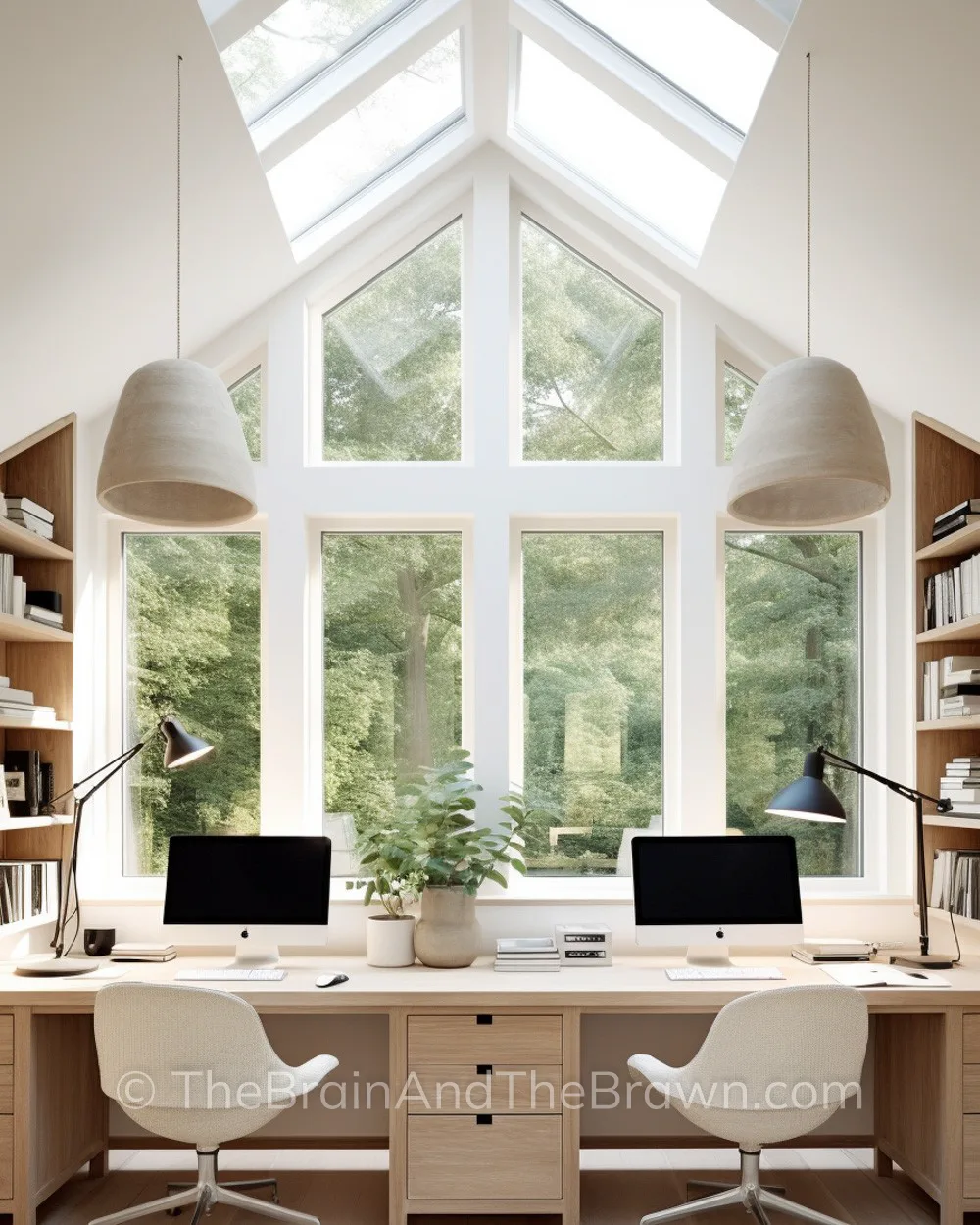 a modern home office design idea with two computer screens, two chairs, two pendants, and a wall of large windows plus bookshelves on the sides